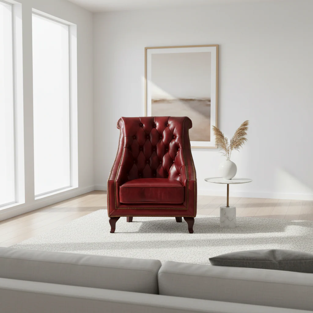 Victor Deep Red Leather Lounge Chair with Tufted Back - Image 3