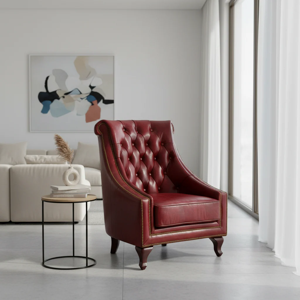 Victor Deep Red Leather Lounge Chair with Tufted Back - Image 4