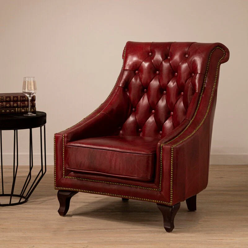 Victor Deep Red Leather Lounge Chair with Tufted Back - Image 6