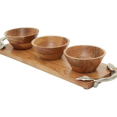 Vine Acacia Wood Set Of 3 Dip Bowls With Tray - Image 12