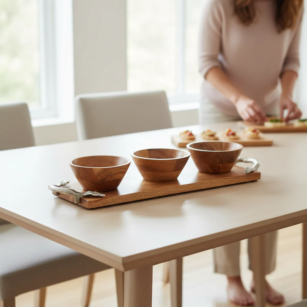 Vine Acacia Wood Set Of 3 Dip Bowls With Tray - Image 2