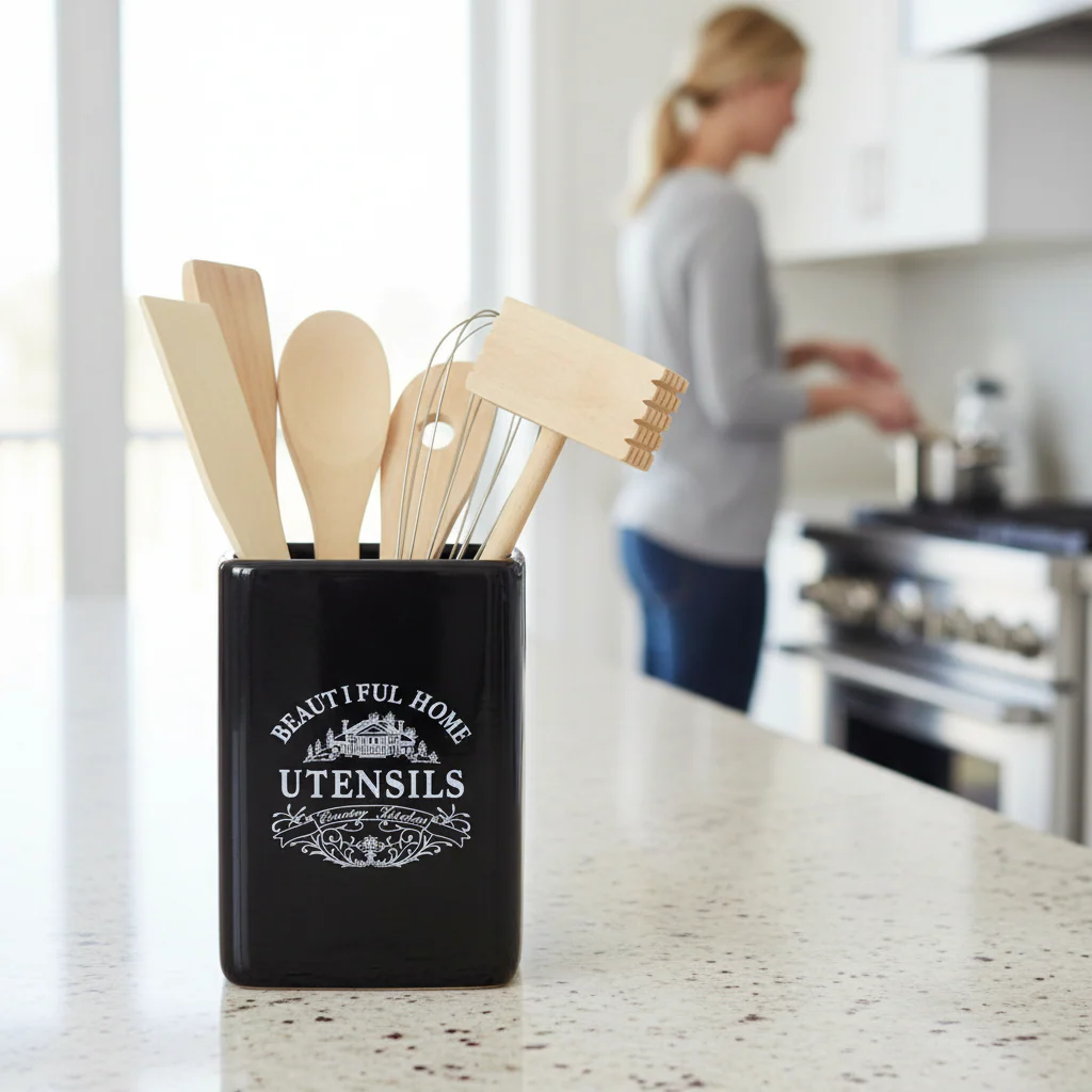 Vintage Home Black Utensil Holder With 6 Utensils - Image 2