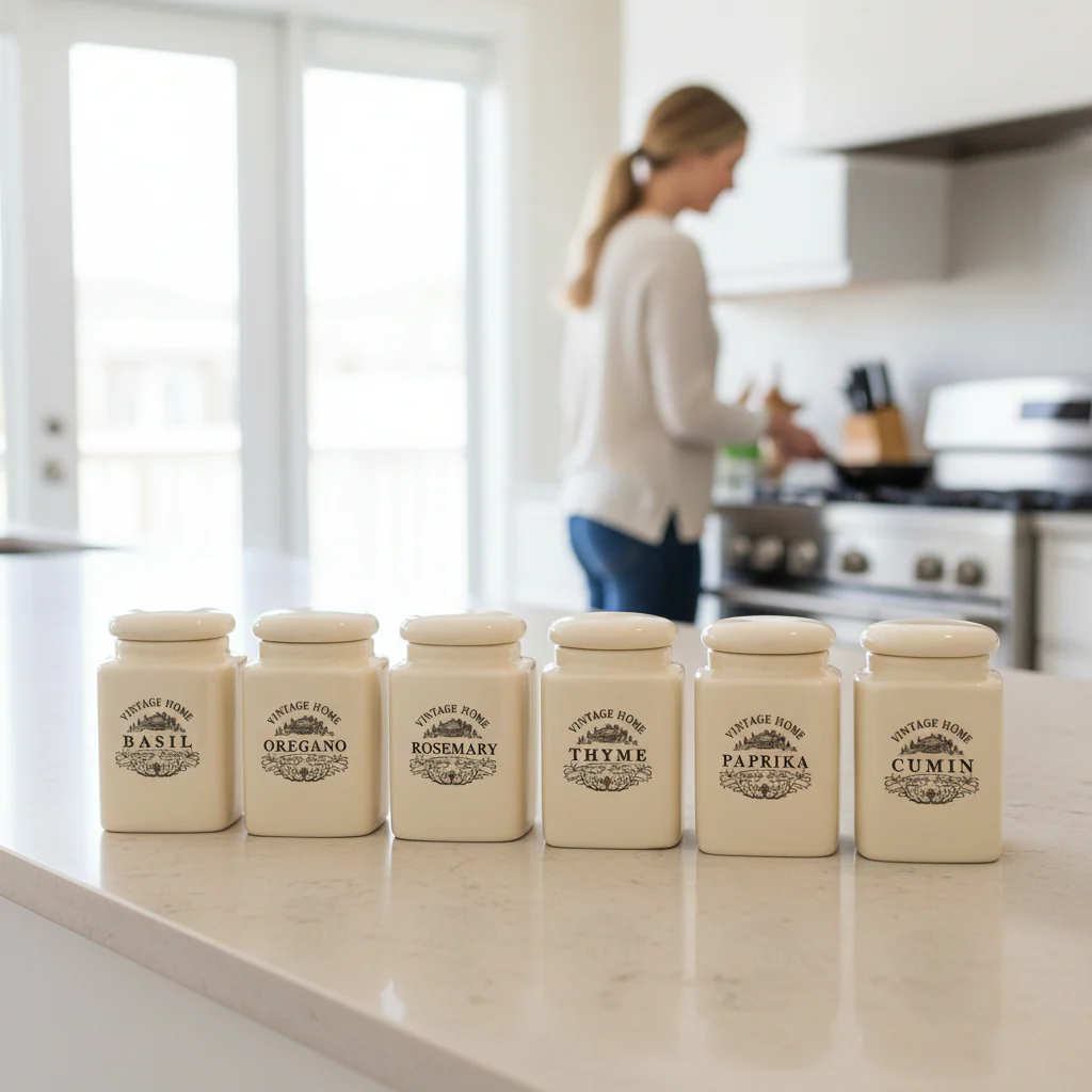 Vintage Home Set Of Six Cream Spice Jars - Image 2