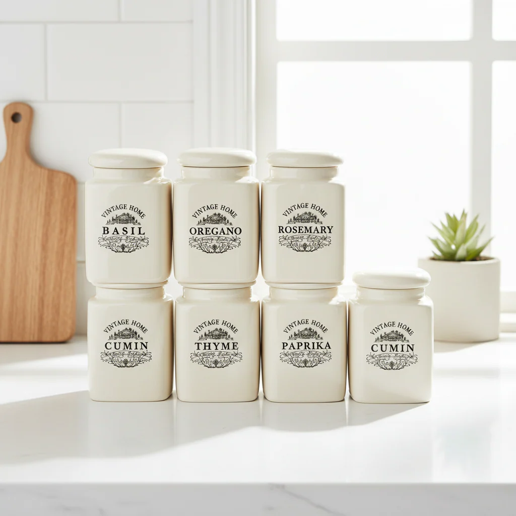 Vintage Home Set Of Six Cream Spice Jars - Image 3
