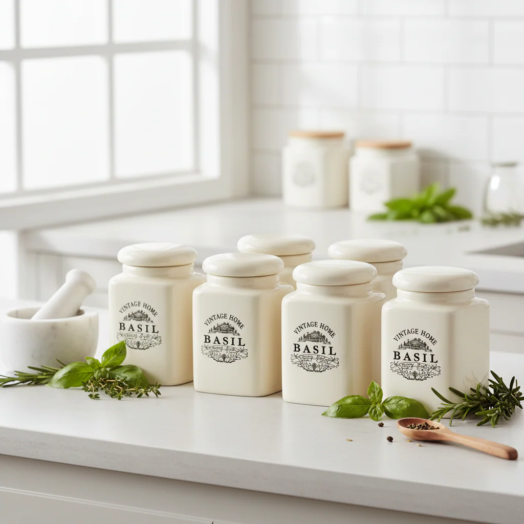Vintage Home Set Of Six Cream Spice Jars - Image 4