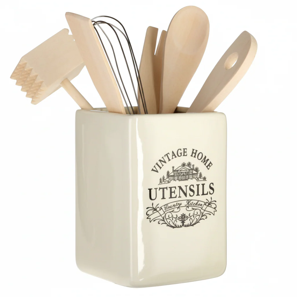 Vintage Home Square Cream Utensil Holder With 6 Utensils