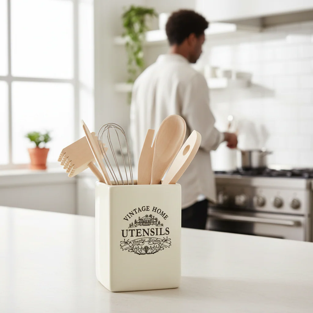 Vintage Home Square Cream Utensil Holder With 6 Utensils - Image 2