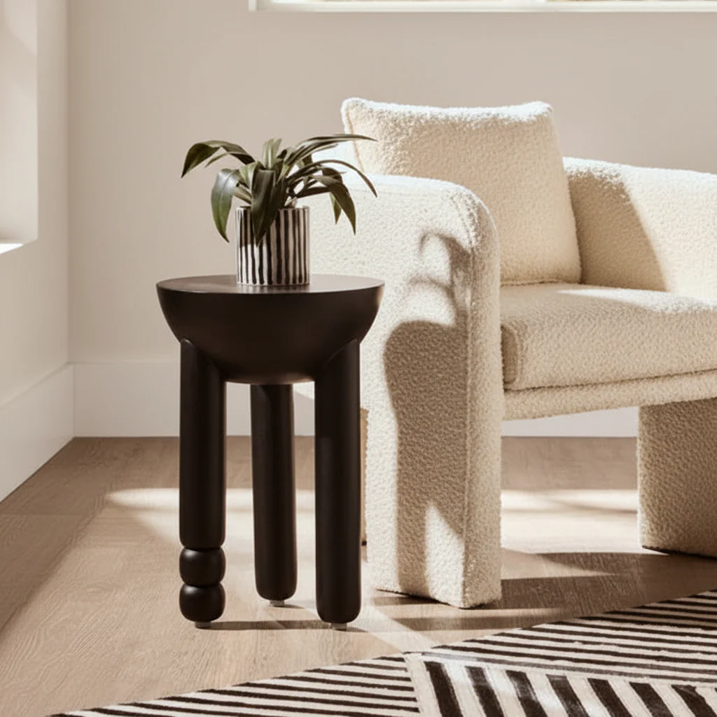 Walsa Black Finish Mango Wood Column Detail Round Side Table - Image 4