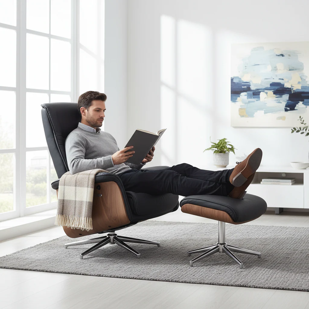 Warrington Black Leather Effect Recliner And Footstool - Image 2