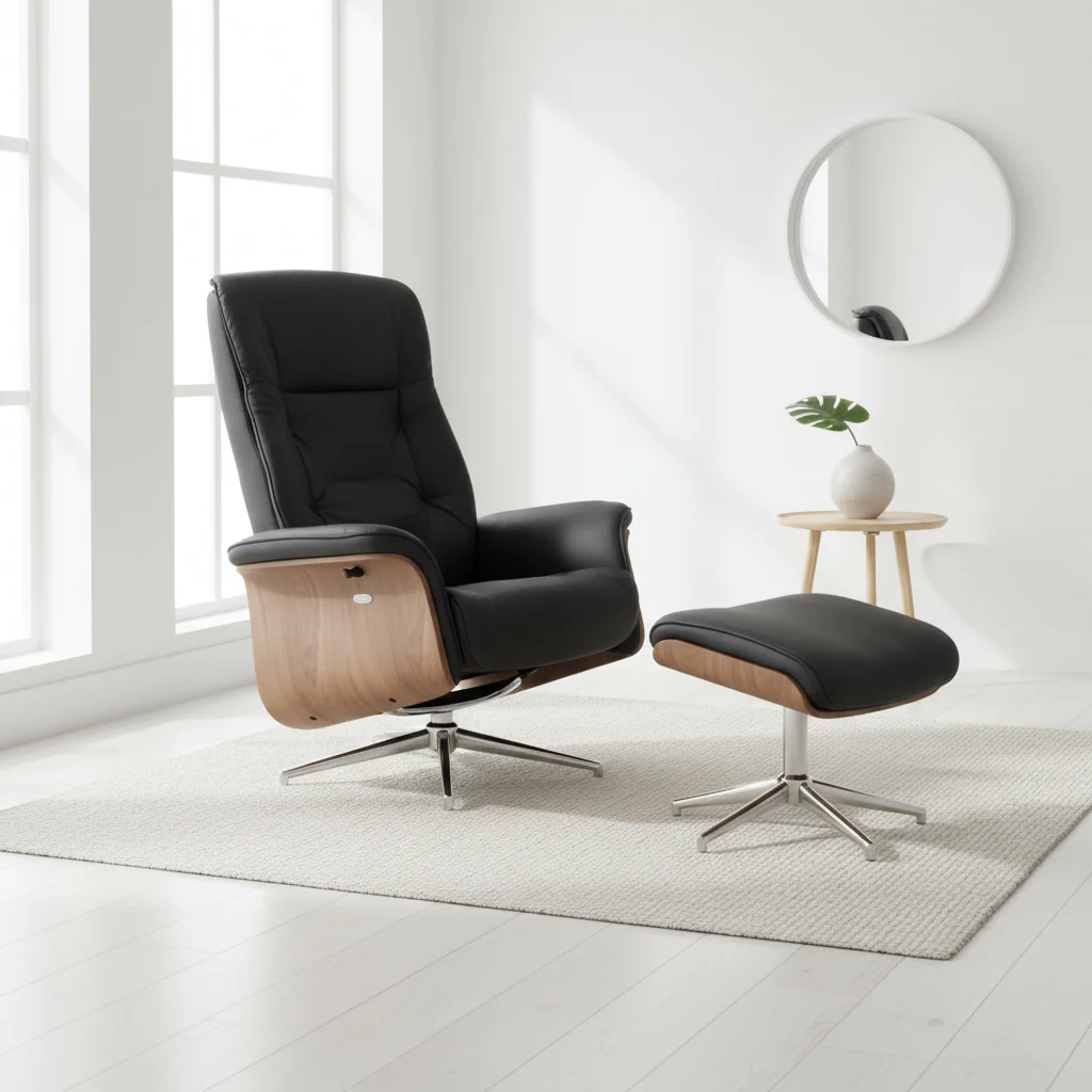 Warrington Black Leather Effect Recliner And Footstool - Image 3