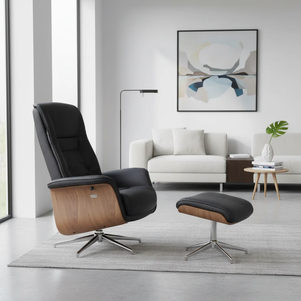 Warrington Black Leather Effect Recliner And Footstool - Image 4