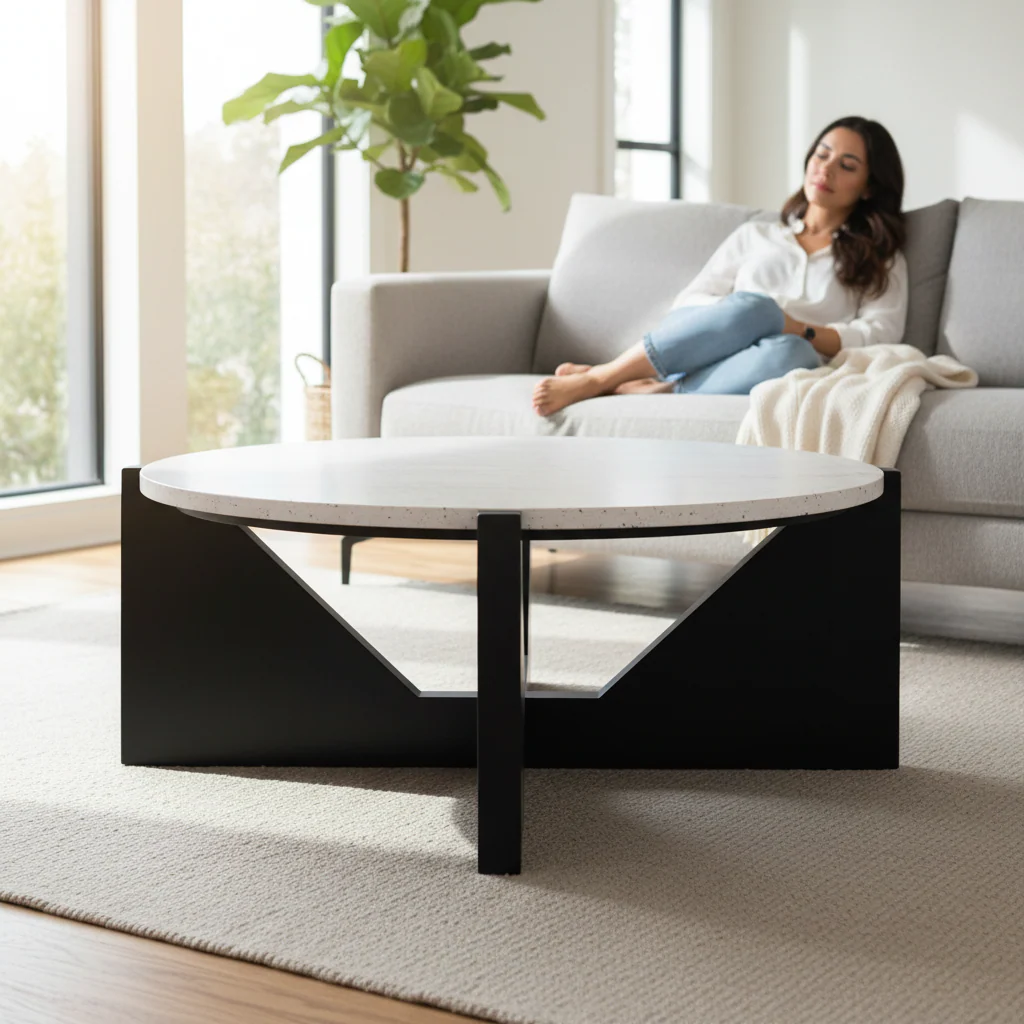 Winton Travertine Top Coffee Table With Black Acacia Wood Frame - Image 2