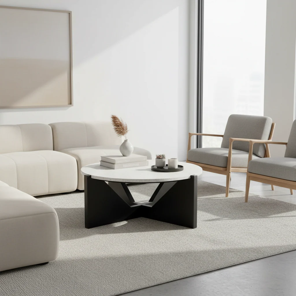 Winton Travertine Top Coffee Table With Black Acacia Wood Frame - Image 4