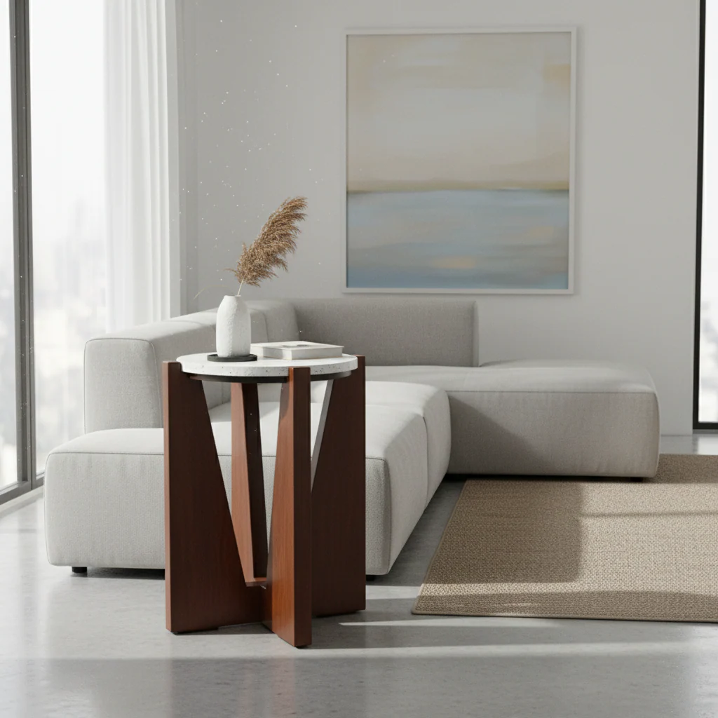 Winton Travertine Top Side Table With Acacia Wood Frame - Image 4