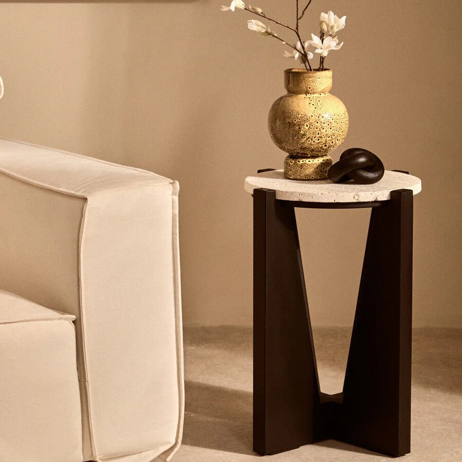 Winton Travertine Top Side Table With Acacia Wood Frame - Image 6