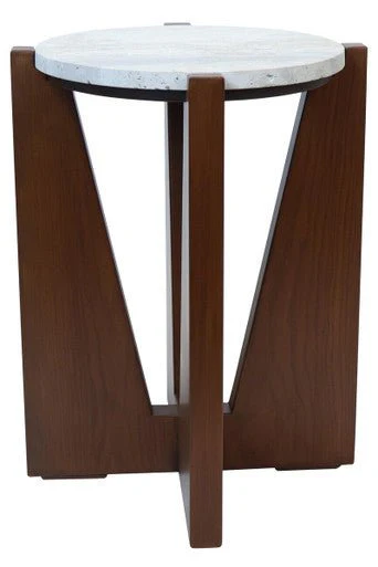 Winton Travertine Top Side Table With Acacia Wood Frame - Image 7