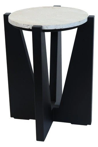 Winton Travertine Top Side Table With Black Acacia Wood Frame - Image 2