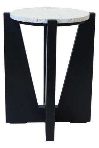 Winton Travertine Top Side Table With Black Acacia Wood Frame - Image 3