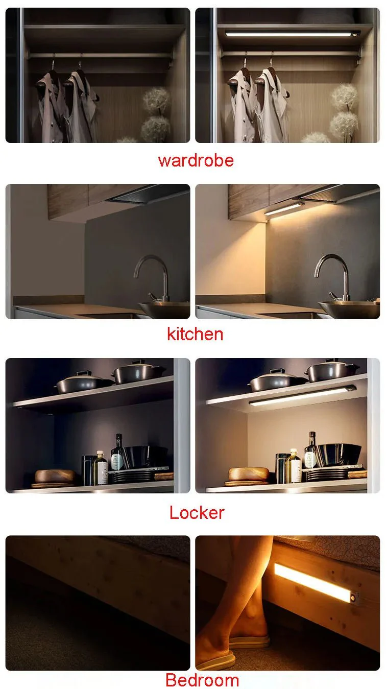 Wireless LED Night Light Motion Sensor 20 40 60 80cm USB Rechargeable Dimmable Wardrobe Lamp for Kitchen Cabinet Staircase Lamp - Image 5