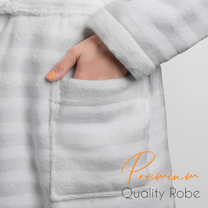 Women's Hydro Ribbed Ultra Soft 100% Cotton Hooded Bath Robes with Pockets and Belt Luxury Terry Towelling Loungewear Sleepwear in White and Grey - Image 11