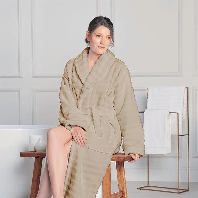Women's Hydro Ribbed Ultra Soft 100% Cotton Hooded Bath Robes with Pockets and Belt Luxury Terry Towelling Loungewear Sleepwear in White and Grey - Image 14