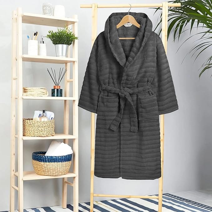 Women's Hydro Ribbed Ultra Soft 100% Cotton Hooded Bath Robes with Pockets and Belt Luxury Terry Towelling Loungewear Sleepwear in White and Grey - Image 19