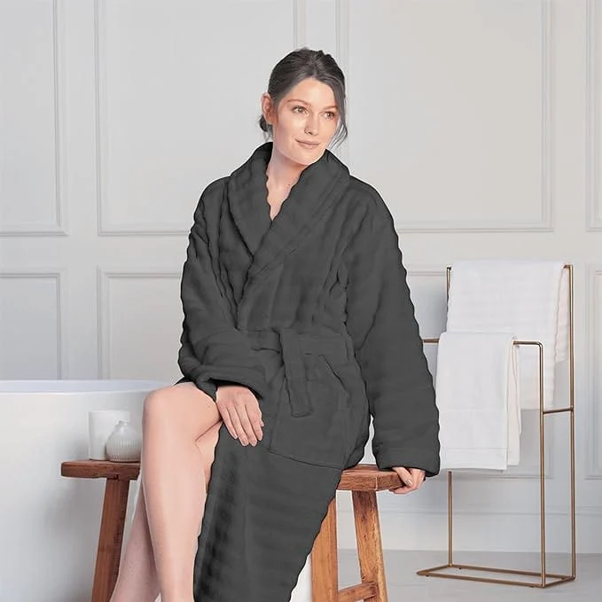 Women's Hydro Ribbed Ultra Soft 100% Cotton Hooded Bath Robes with Pockets and Belt Luxury Terry Towelling Loungewear Sleepwear in White and Grey - Image 20