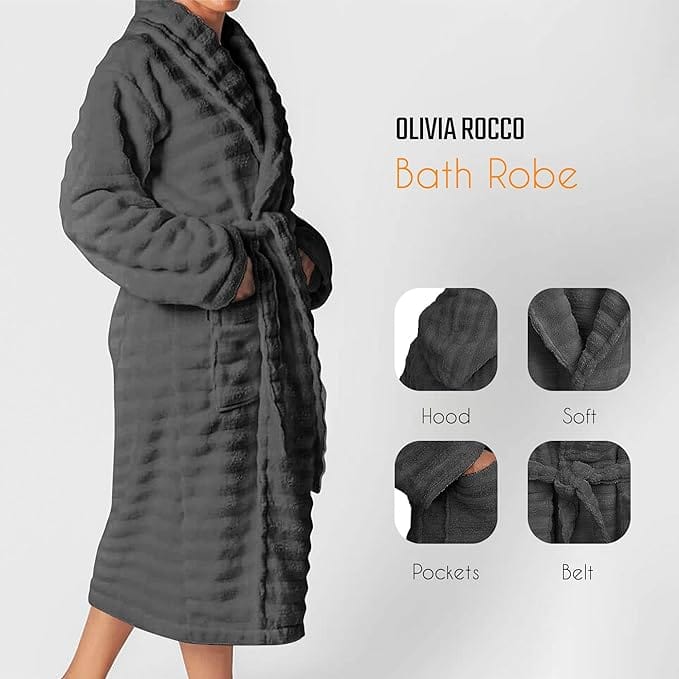 Women's Hydro Ribbed Ultra Soft 100% Cotton Hooded Bath Robes with Pockets and Belt Luxury Terry Towelling Loungewear Sleepwear in White and Grey - Image 21