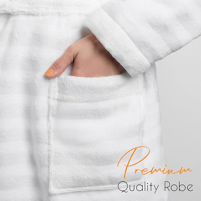 Women's Hydro Ribbed Ultra Soft 100% Cotton Hooded Bath Robes with Pockets and Belt Luxury Terry Towelling Loungewear Sleepwear in White and Grey - Image 3