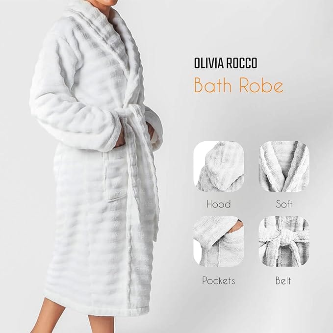 Women's Hydro Ribbed Ultra Soft 100% Cotton Hooded Bath Robes with Pockets and Belt Luxury Terry Towelling Loungewear Sleepwear in White and Grey - Image 4