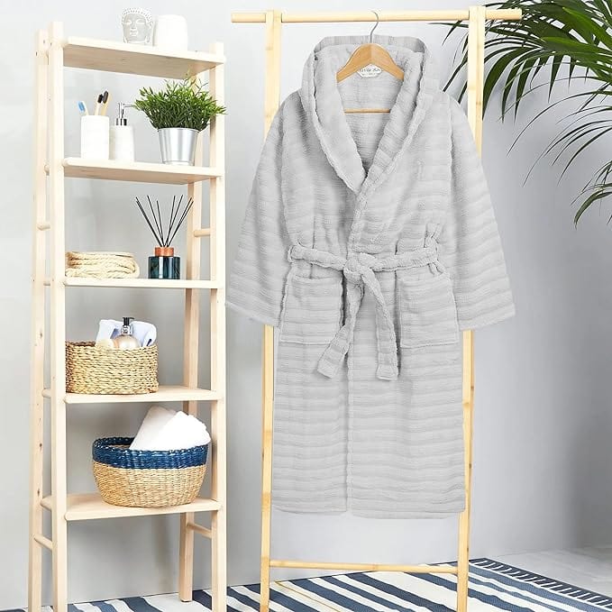 Women's Hydro Ribbed Ultra Soft 100% Cotton Hooded Bath Robes with Pockets and Belt Luxury Terry Towelling Loungewear Sleepwear in White and Grey - Image 7