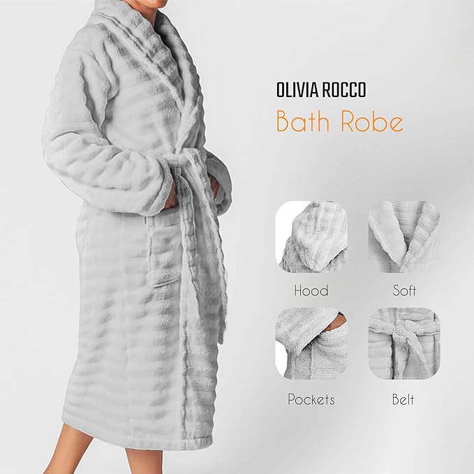 Women's Hydro Ribbed Ultra Soft 100% Cotton Hooded Bath Robes with Pockets and Belt Luxury Terry Towelling Loungewear Sleepwear in White and Grey - Image 9