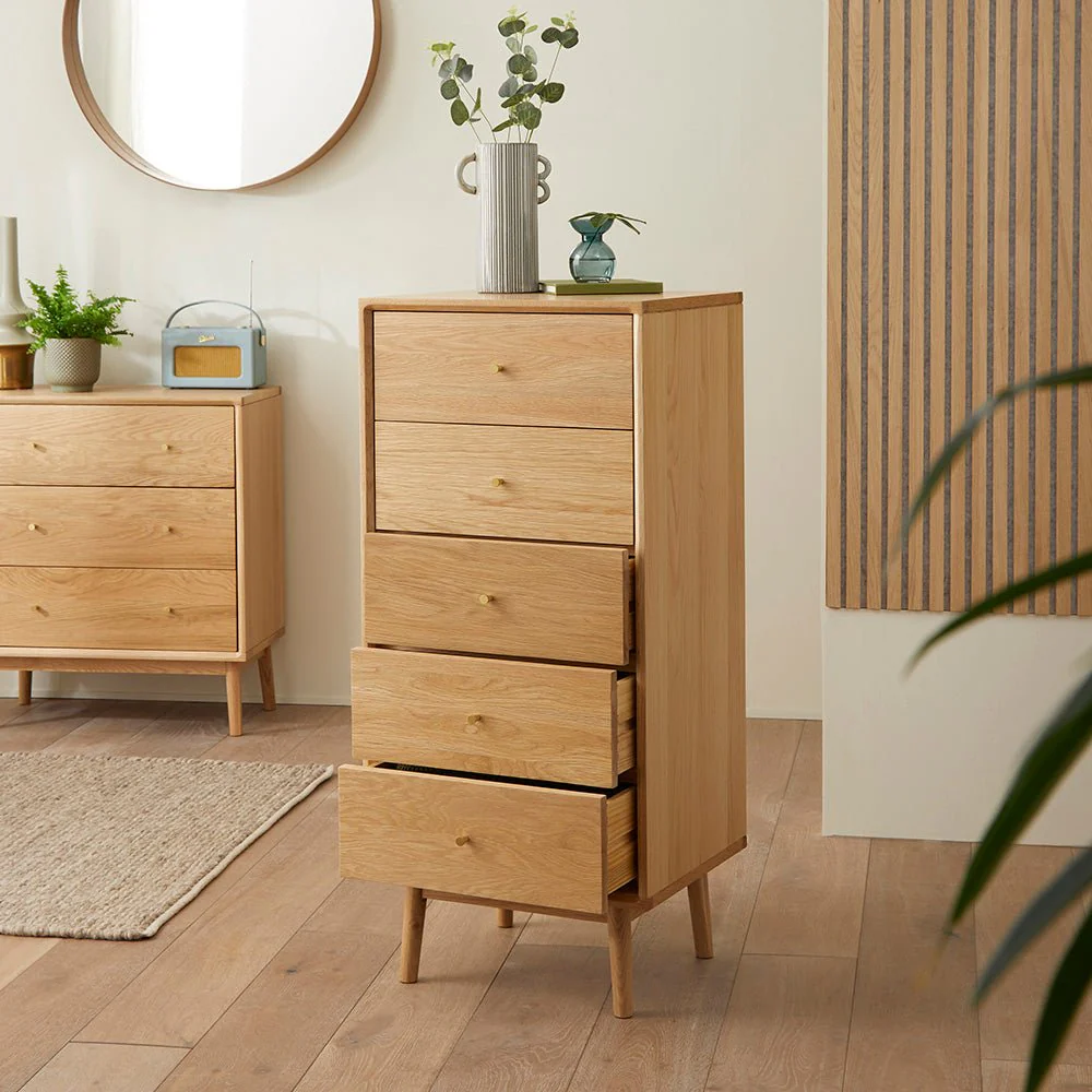 Wright Oak Tallboy Chest of 5 Drawers - Image 6