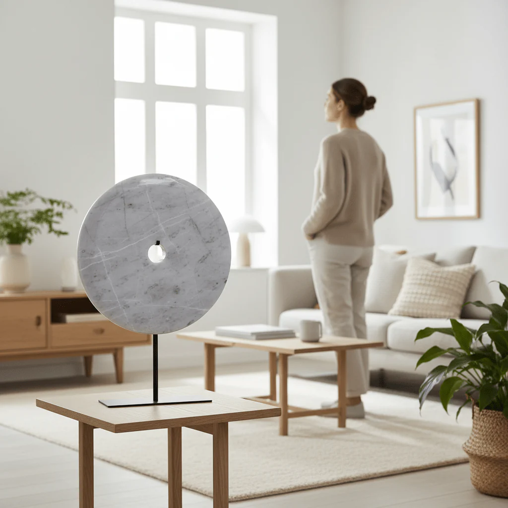 Zoro Medium Round Grey Marble Disc Sculpture - Image 2